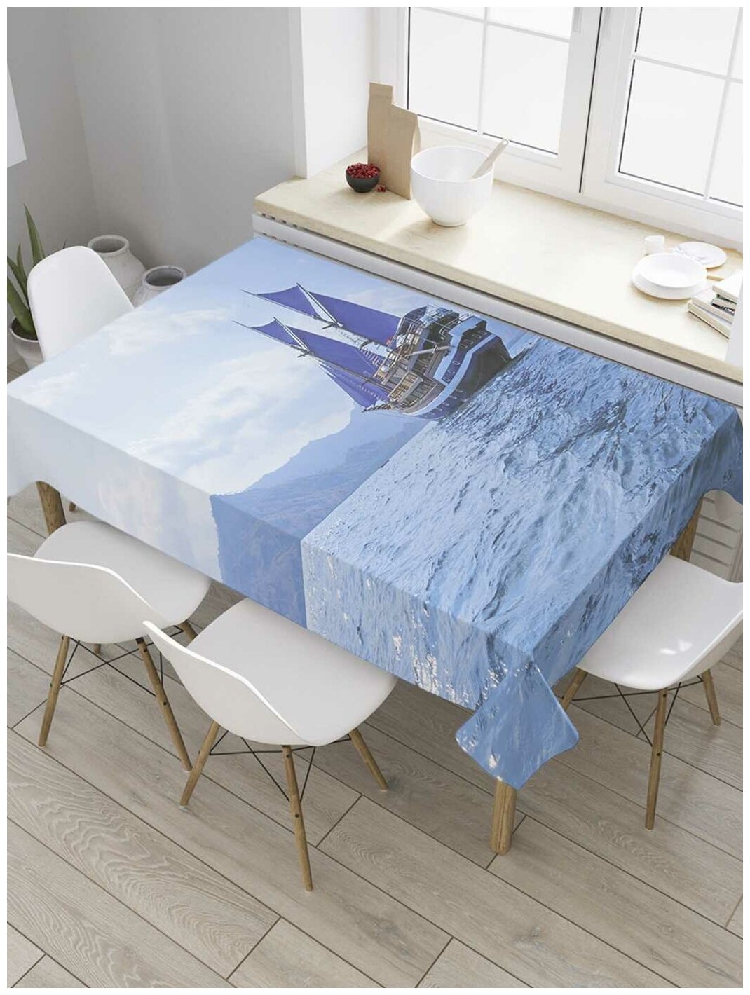 Скатерть прямоугольная JoyArty на кухонный стол "Путешествие фрегата" из оксфорда, 120x145 см