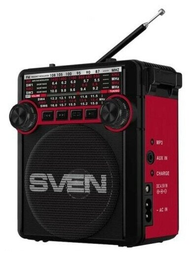 Sven Колонки SRP-355 красный радиоприемник мощность 3 Вт RMS  FM AM SW USB SD microSD фонарь встроенный аккумулятор