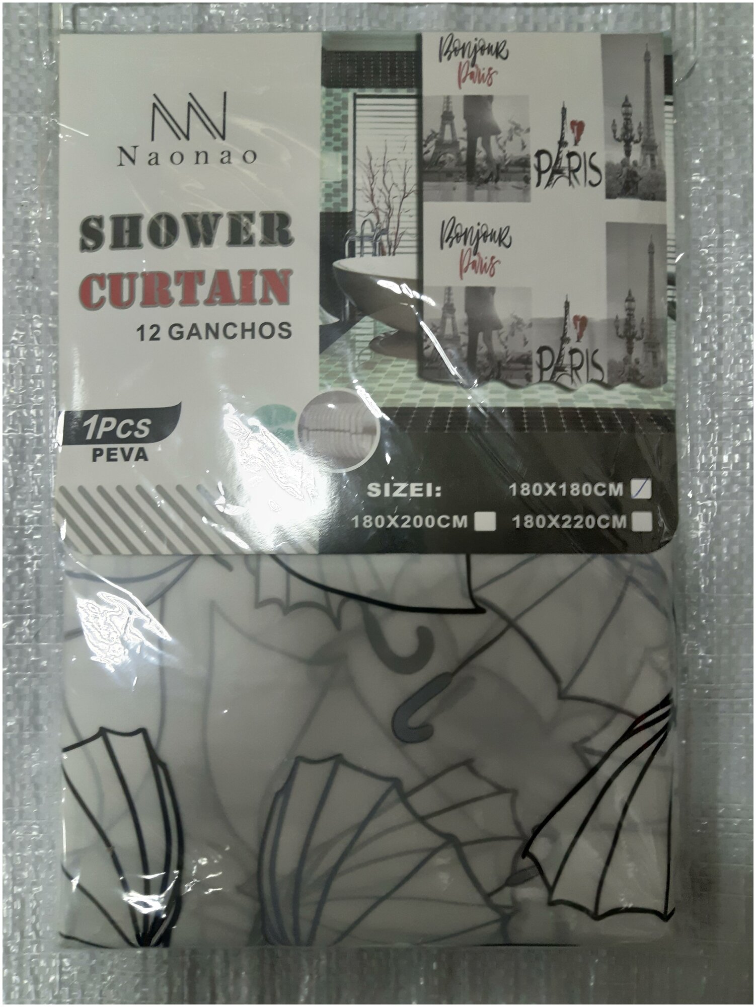 Штора для ванной белая с рисунком зонтики, Shower Curtain, 180*180 см, кольца 12 шт.