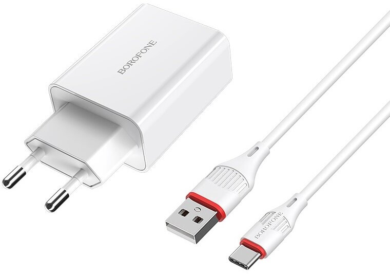 Зарядное устройство Borofone BA21A Long Journey 1xUSB QC3.0 18W 3А + Cable USB Type-C 1m White 0L-00043640