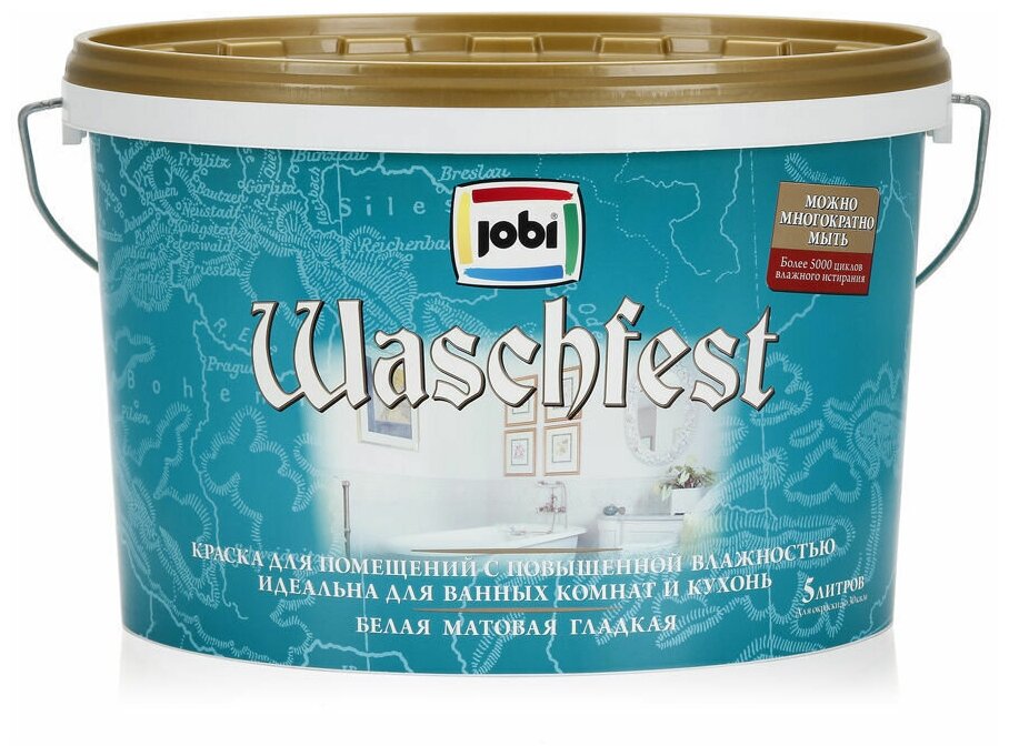 Краска для ванных и кухонь Jobi WaschFest О2 -20С 5 л, белый