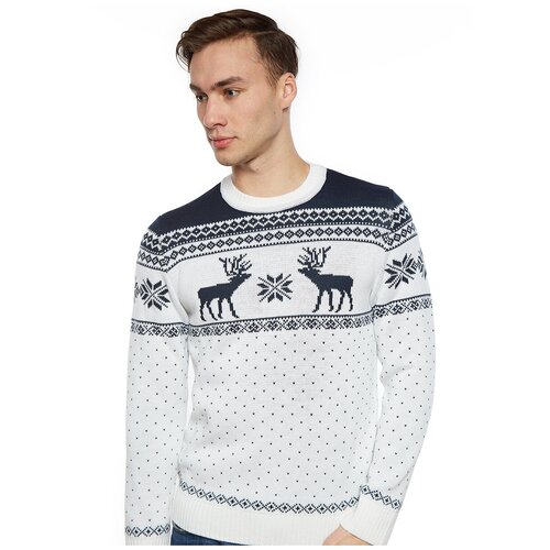 фото Шерстяной свитер, скандинавский орнамент с оленями и снежинками, натуральная шерсть, белый цвет, размер s anymalls