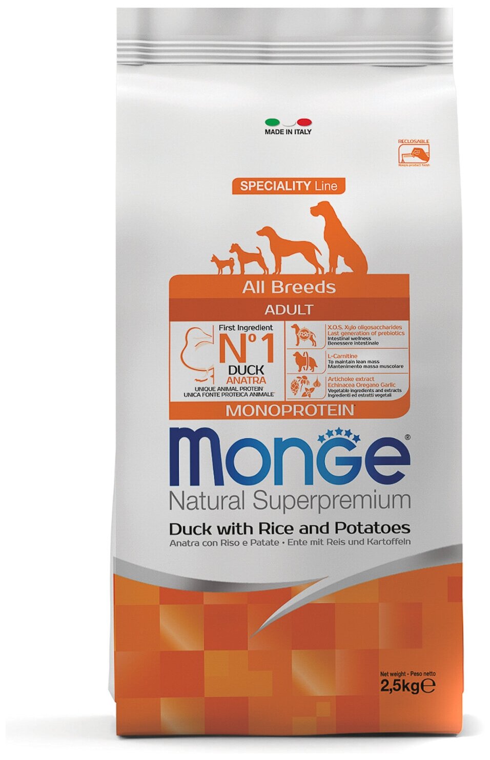 Сухой корм Monge Dog Speciality Line Monoprotein для взрослых собак всех пород, из утки с рисом и картофелем 2,5 кг