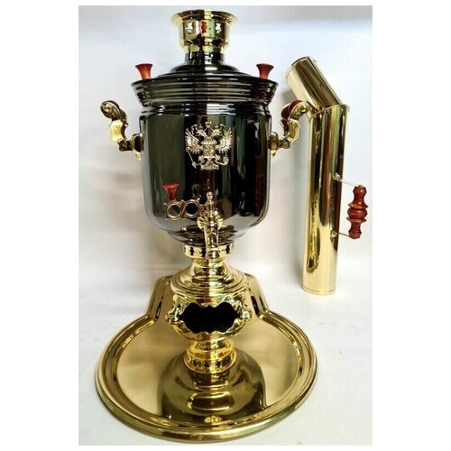 Набор: Самовар комбинированный (угольный+электрический в одном) 5 литров черно-золотой с Гербом, с подносом и трубой