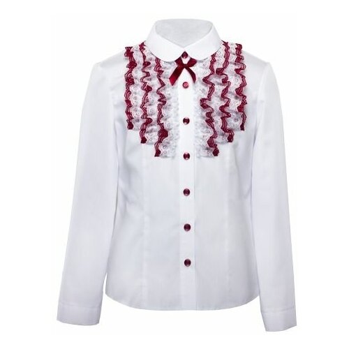 фото Школьная блуза андис, прилегающий силуэт, на пуговицах, воланы, размер 146, белый