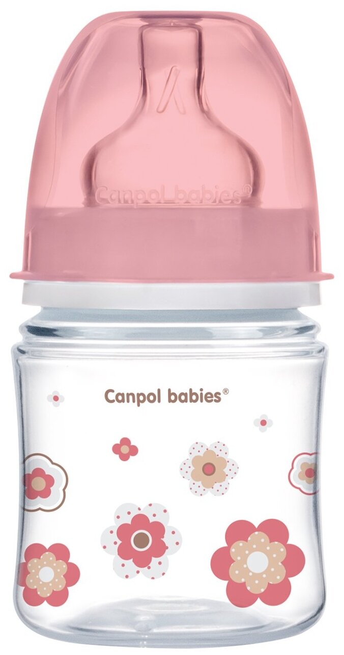 Canpol Babies Бутылочка антиколиковая с широким горлом EasyStart Newborn Baby 120 мл, с рождения, розовые цветы