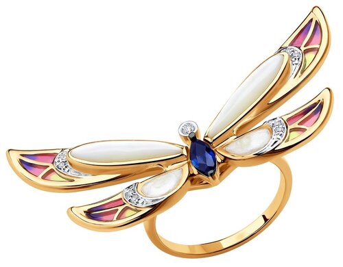 Золотое кольцо Sokolov с витражной эмалью, бриллиантом, сапфиром и перламутром 6019022, размер 18