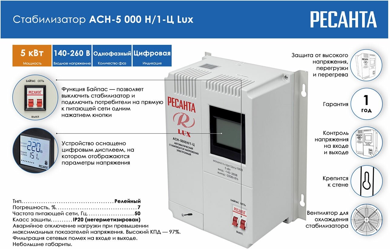 Стабилизатор напряжения Ресанта АСН-5000 Н/1-Ц Lux