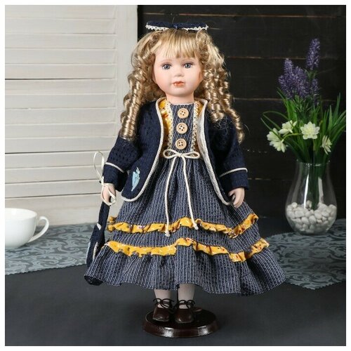 Купить Кукла коллекционная керамика Алиса в синем платье с бантиком на голове 40 см, female