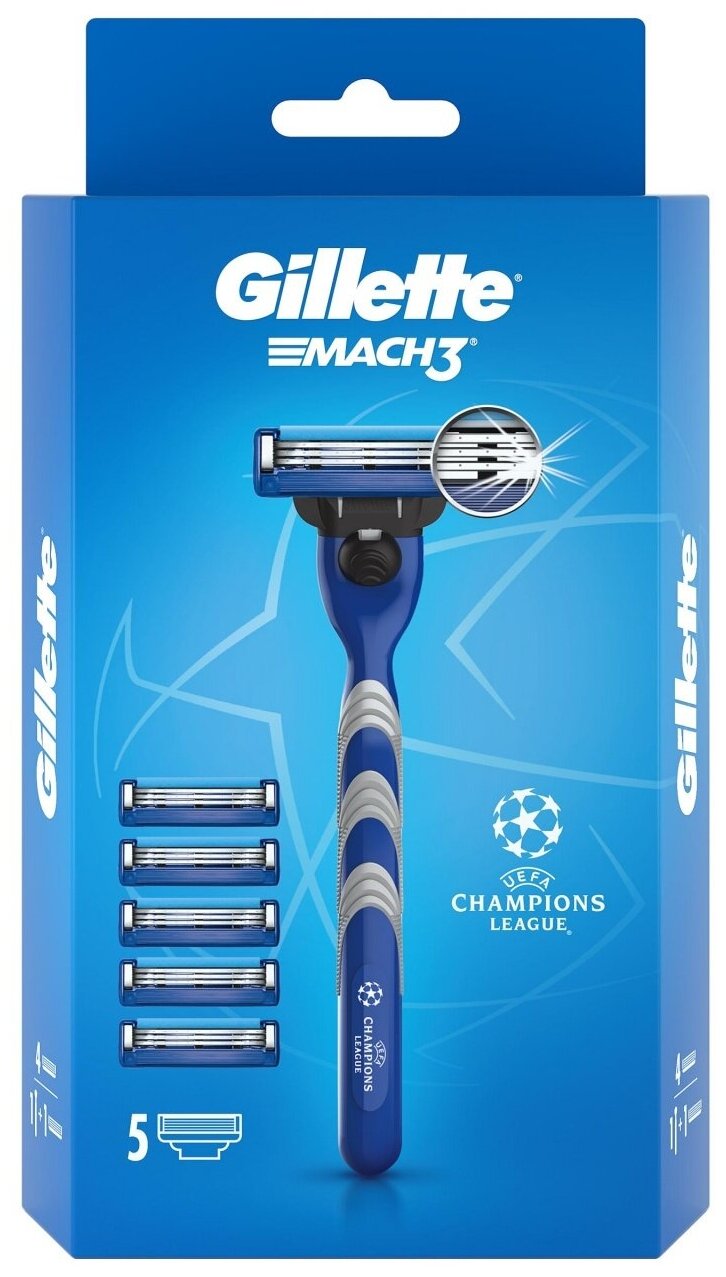 Мужская бритва Gillette Mach3, с 5 сменными кассетами, c символикой UEFA Champions League
