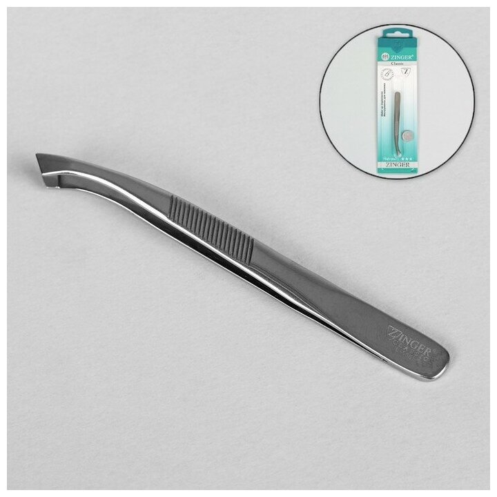 фото Пинцет загнутый широкий скошенный наконечник 8,5см серебр блистер В-5561-S ZINGER