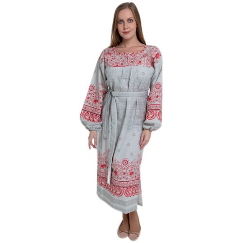 Платье женское славянская покосная рубаха с длинным рукавом домашнее прямое больших размеров в русском народном стиле Павлины голубые, 48-50 размер