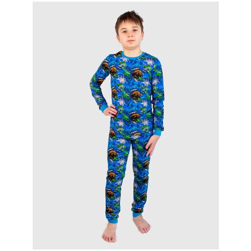 7076-301 Пижама для мальчика (140-72(36); темно-синий/ бирюзовый, динозавры (4109))