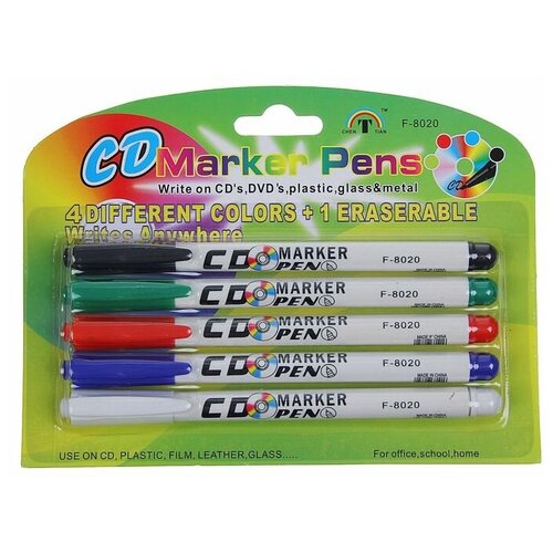 Набор маркеров для CD/DVD, 5 цветов: красный, черный, синий, зеленый, стирающий, 2.0 мм, блистер./В упаковке шт: 1