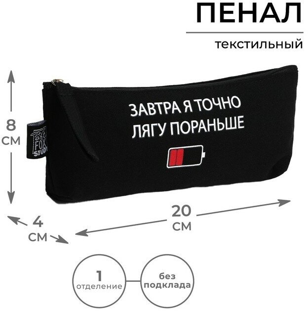 Пенал школьный текстильный «1 сентября: Лягу пораньше» Заряд, 20 х 8 х 3 см