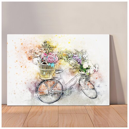 фото Картина "рисунки акварель велосипед цветы", 40x30 см, картина на холсте на деревянном подрамнике с настенным креплением вау холст