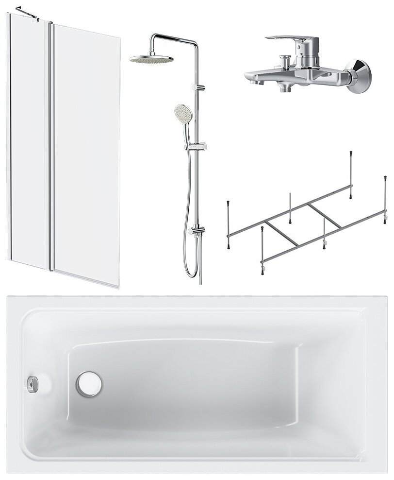 Ванна комплект Gem W90ASET-150D3W5 5в1: ванна 150х70, каркас, душевая система, смеситель для душа, шторка на борт ванны