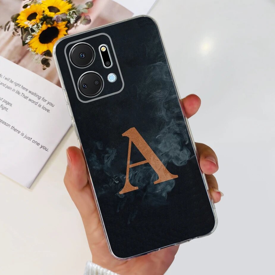 Чехол для Honor X7a с буквой A, черный, силикон