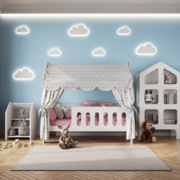 Кровать детская домик с текстилем (серый, с принцессами, вход слева) "Классик"