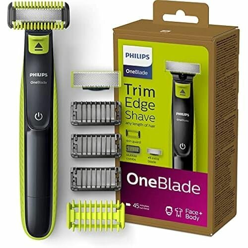 Philips OneBlade Face + Body, стрижка, укладка, бритье, для любой длины волос, по 1 лезвию для лица и тела, 4 насадки (модель QP2620/16) Черный