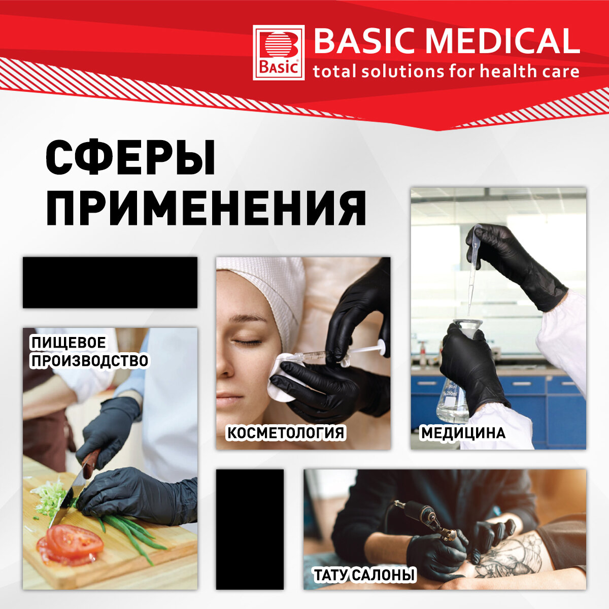 Перчатки Медицинские Перчатки медицинские Нитриловые смотровые Basic Black, 50 пар/100 шт, размер XL