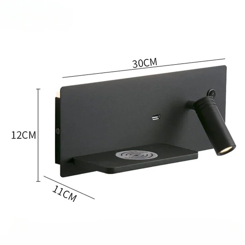 ZODOLAMP Настенная лампа с беспроводной зарядкой, Warm Light, Black-Right model, Черный