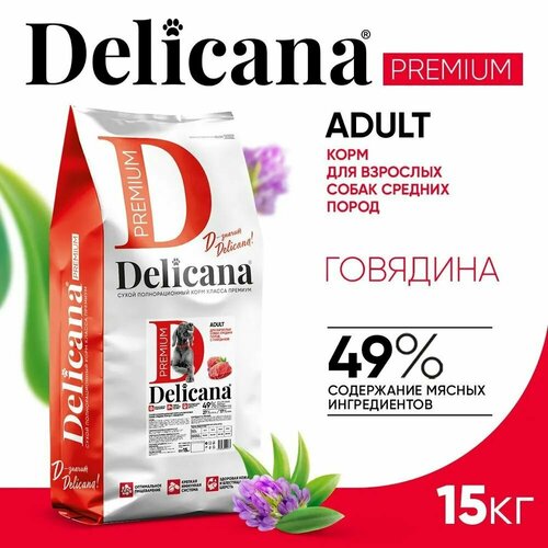 DELICANA Корм сухой для собак средних пород с говядиной, 15 кг