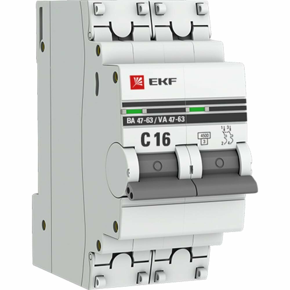 Двухполюсный автомат EKF proxima 16а с ва47-63 4.5ка mcb4763-2-16c-pro