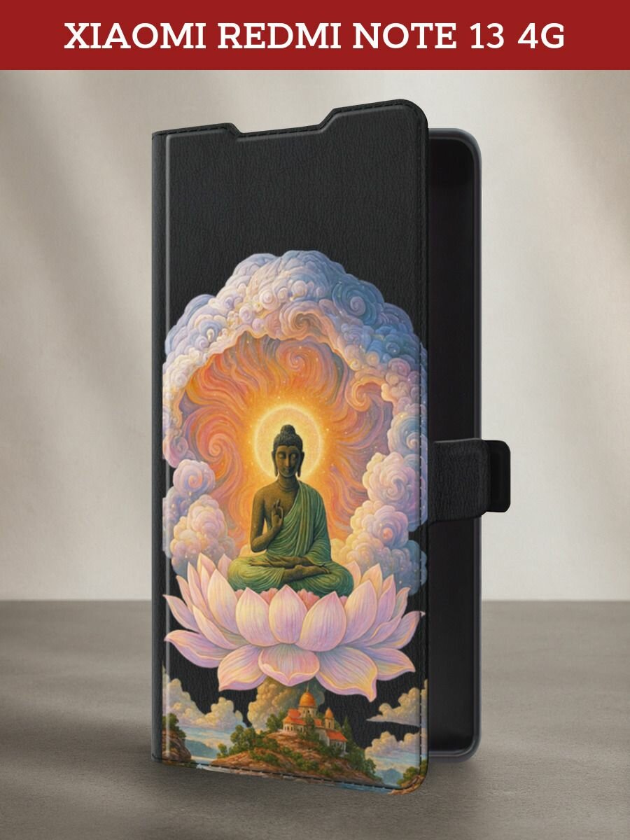 Чехол-книжка на Xiaomi Redmi Note 13 4G (Global) / Сяоми Редми Нот 13 4G с принтом Монах на лотосе 3, черный
