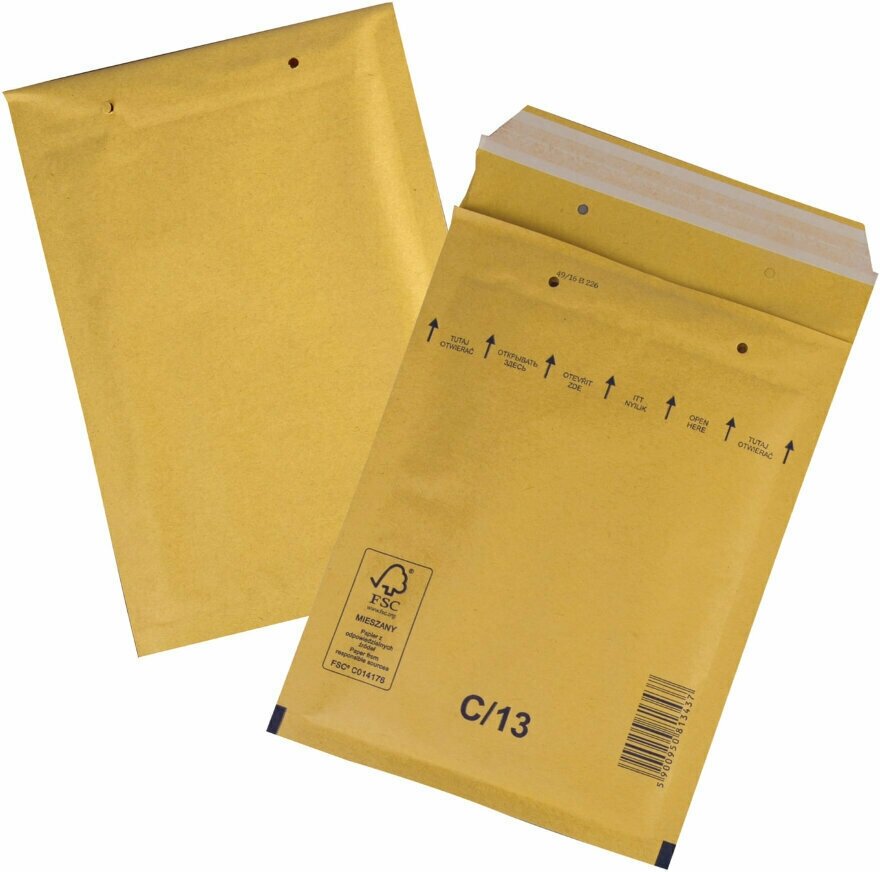 Конверт-пакеты с прослойкой из пузырчатой пленки (170х225 мм), крафт-бумага, отрывная полоса, комплект 100 шт, С/0-G, 128310