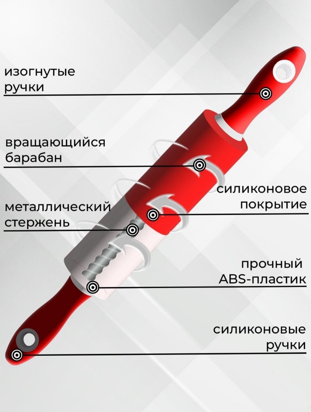 Скалка силиконовая с вращающимися ручками, 24.5 см, красный - фотография № 3