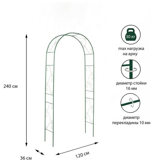 Арка садовая разборная 240 × 120 × 36 см металл зелёная «Вьюнок»
