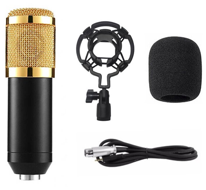 Конденсаторный микрофон BM-800 пластиковый держатель паук ветрозащита черно-золотой