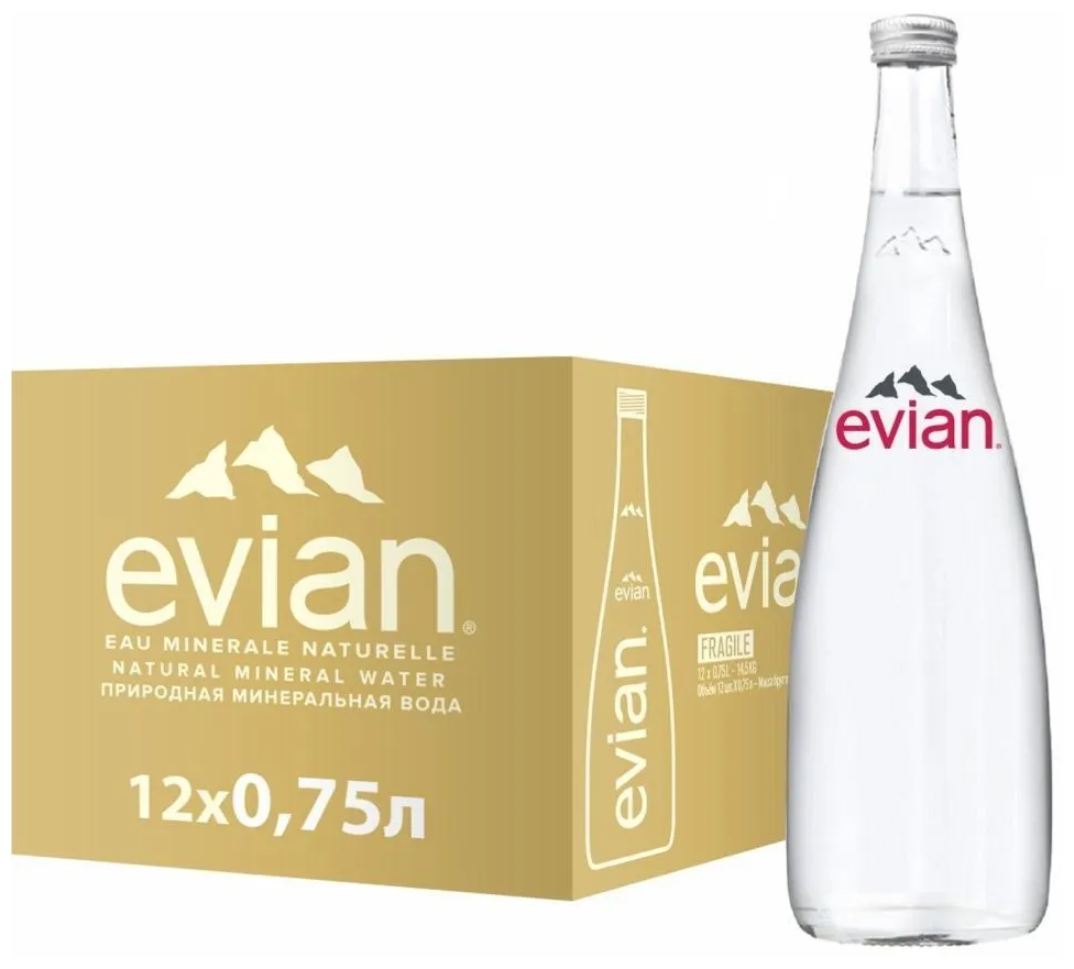 Вода минеральная Evian (Эвиан) 12 шт. по 0,75 л, негазированная, стекло