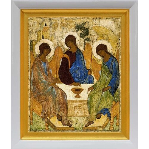 Святая Троица, Андрей Рублев, XV в, икона в белом киоте 19*22,5 см