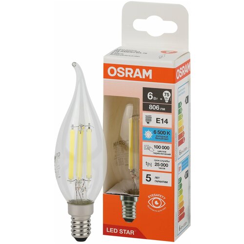 Лампа Светодиодная Свеча 6W 220-240V E14 806Лм 6500К Угол 300 град. D-35mm L-121mm Филаментная Стекло Свет Холодный белый OSRAM, уп. 10шт