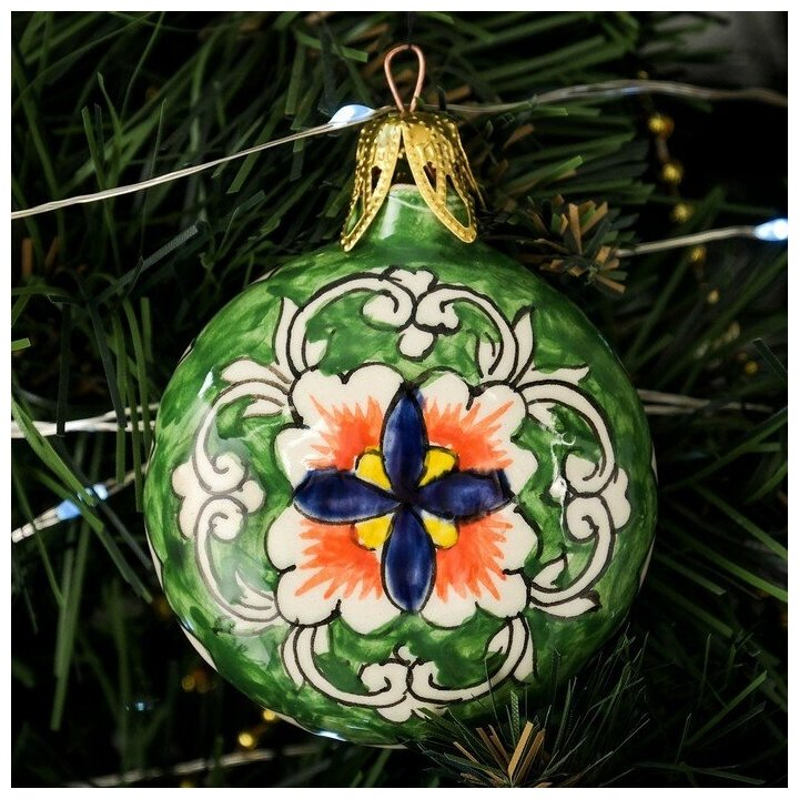 фото Игрушка елочная Риштанская керамика, круглая 7см, зеленая новый9