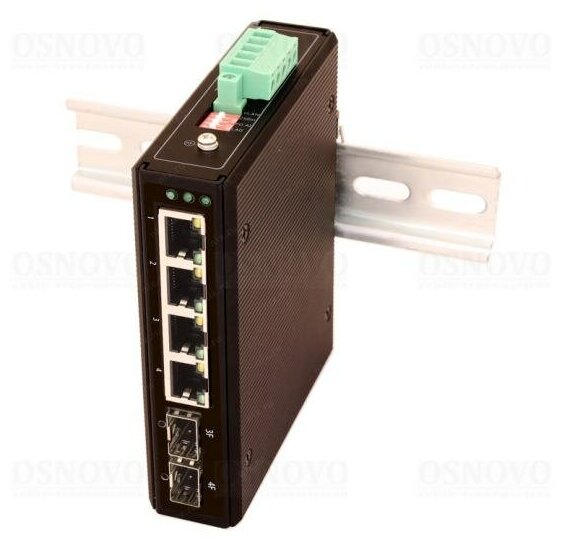 Коммутатор OSNOVO SW-80402/I промышленный PoE Gigabit Ethernet на 4GE PoE + 2 GE SFP порта. Порты: 4 x GE (10/100/1000Base-T) с PoE (до 60W) + 2 x GE