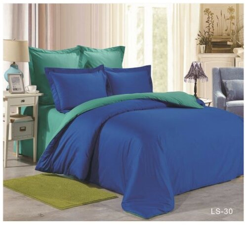 Семейное постельное белье однотонное двустороннее из сатина бирюзовое с синим отворотом