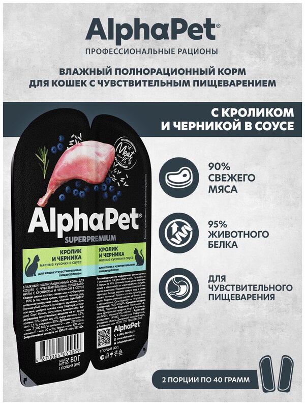 Влажный корм для кошек с чувств. пищеварением AlphaPet Superpremium Кролик и черника мясные кусочки в соусе 80г (Упаковка 15 блистеров)