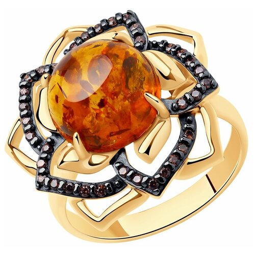 фото Diamant кольцо из золочёного серебра с янтарём и фианитами 93-310-00837-1, размер 17