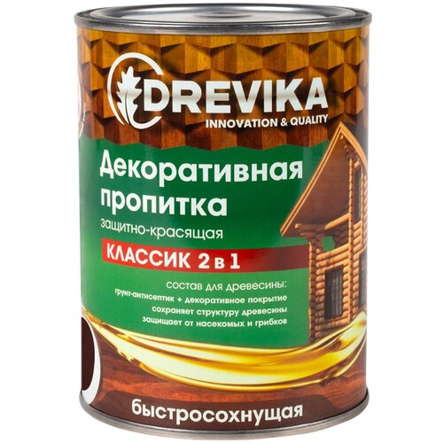 Декоративная пропитка для дерева Drevika Классик 2 в 1, полуматовая, 0,75 л, каштан