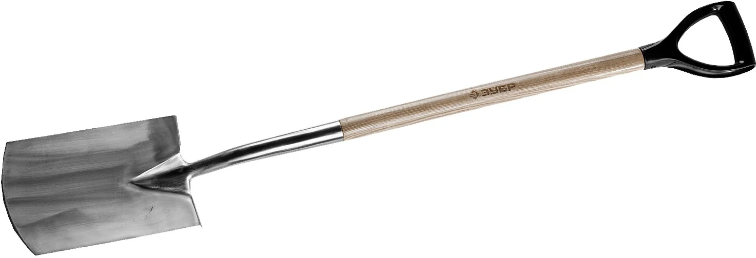 Штыковая лопата ЗУБР Профессионал прямоугольная, из нержавеющей стали, деревянный черенок, с рукояткой 4-39417