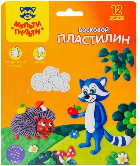 Пластилин Мульти-пульти "Енот в лесу", 12 цветов, 180г, восковой, со стеком, картон, европодвес