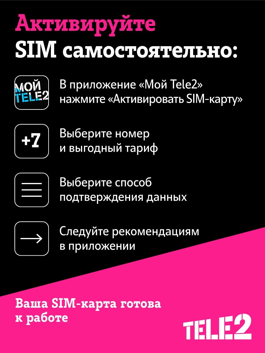 Sim-карта Tele2 c самостоятельной регистрацией. Баланс 300 рублей