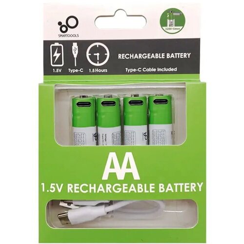 Аккумуляторные батарейки AA 1.5V 2600 mWh с USB type-C кабелем, 4 штуки