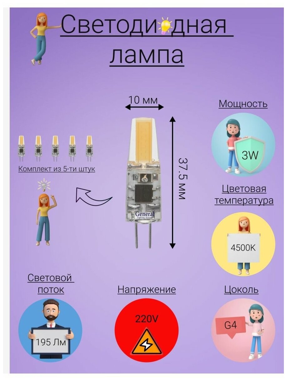 General, Лампа светодиодная, Комплект из 5 шт, 3 Вт, Цоколь G4, 4500К, Форма лампы Капсула