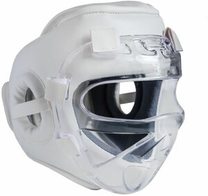 Шлем для каратэ с пластиковой маской съёмной белый без символики экокожа S