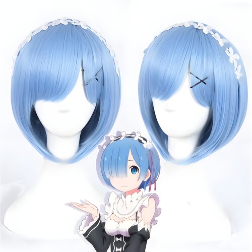 Парик короткий Рем Ре зеро геншин аниме косплей голубой