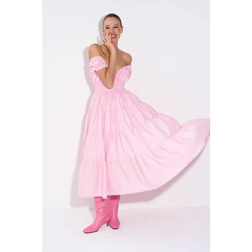 фото Платье toptop, хлопок, повседневное, трапециевидный силуэт, миди, пояс на резинке, размер 46/48, розовый